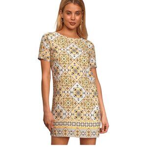 Lulus Yellow Dandy Lion Yellow Print Shift Dress, Short Sleeve Women's Size S